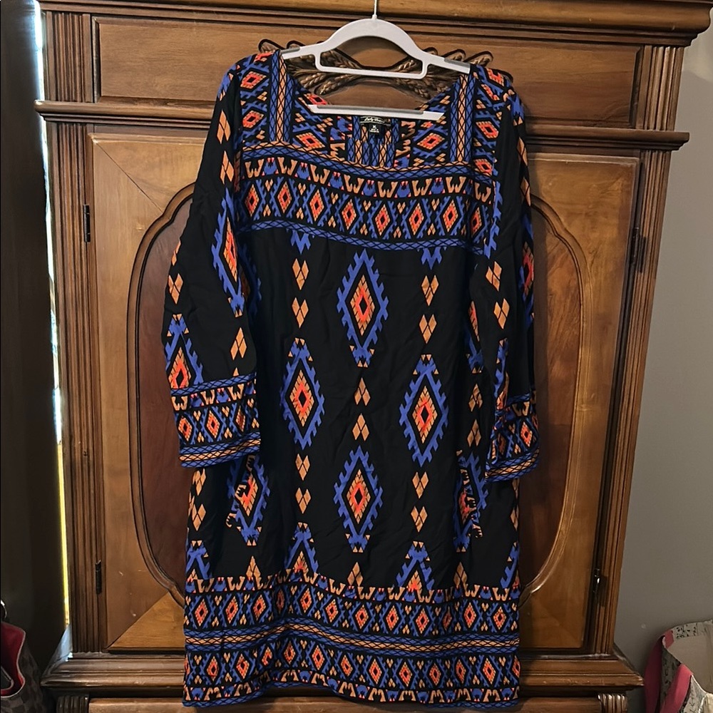 Lucky Brand Black Dress with Blue and Orange Pattern